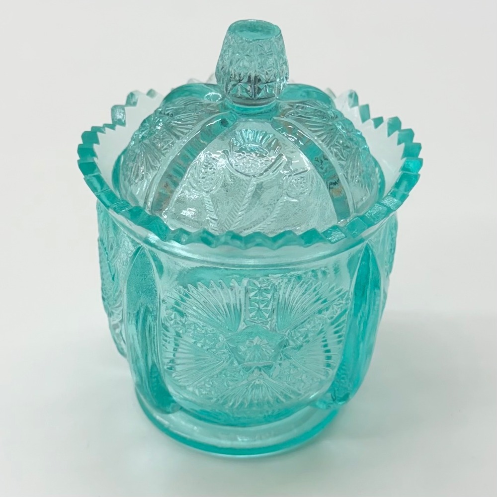 Vintage Fenton Aqua Opalescent Thistle Covered Trinket‎ Box Candy Dish USA
